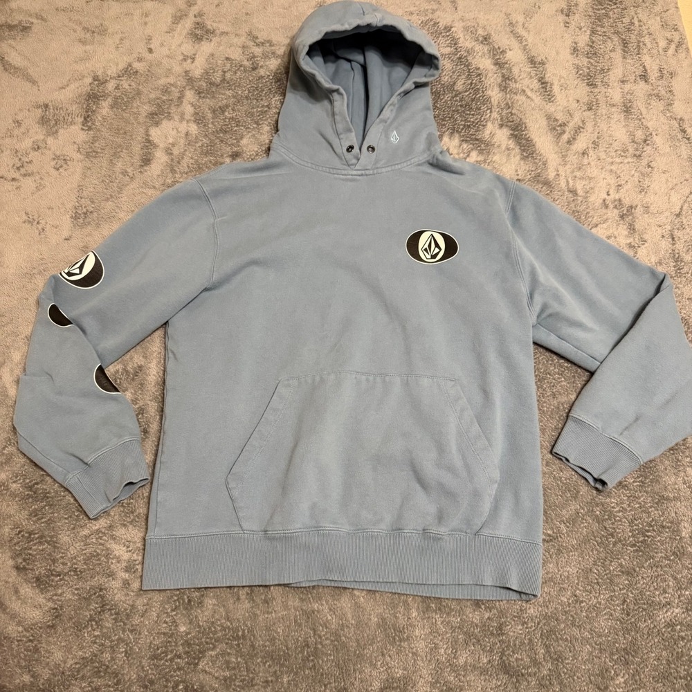 Volcom Hoodie Pullover Light Blue Sleeve Logo Graphic Men Size L